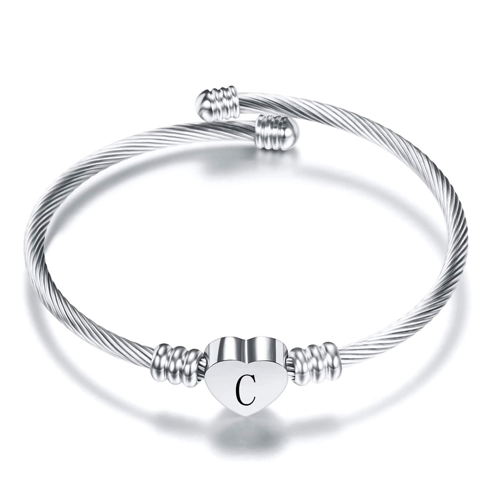 KunBead Jewelry Women Girls 18th 40th Birthday Initial Letter C Cuff Bracelet Silver Alphabet Heart Bangle Bracelets