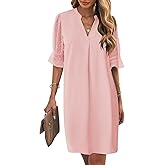 Wkior Shift Dress for Women V Neck Short Sleeves Solid Color Casual Flowy Summer Dresses(S-2XL)