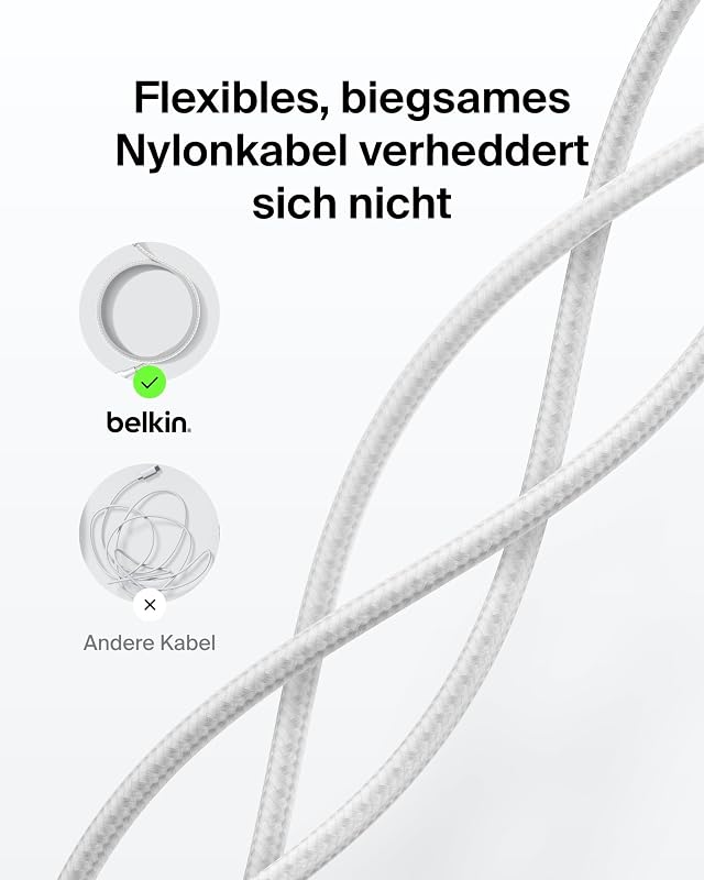 Eco Geflochtenes USB-C auf USB-C Kabel, 2 m, 240 W, biegsames, flexibles Schnellladekabel, Ladekabel USB C für iPhone 17/16/15, Galaxy S25, Pixel 9, MacBook, iPad Pro und mehr – Weiß, USB 2.0