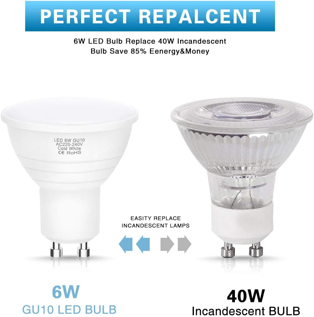 LEHASI GU10 LED Light Bulb, 6W Equivalent to 40W Halogen Bulb, 6000K Day White, 480Lumens, Spot Light, GU10 Lamp, Non-Dimmable, 120°Beam Angle, 230V, 10 Pack - Image 4