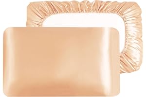 NICENEEDED 2 PCS Satin Pillow Cases, Travel Elastic Band Pillowcases, Champagne Color No Zipper Pillow Covers for Hair and Sk