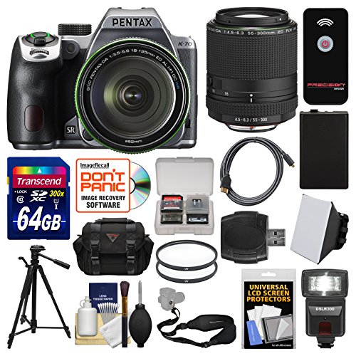 Pentax K-70 All Weather Wi-Fi Digital Camera & 18-135mm WR Lens (Silver) with 55-300mm Lens + 64GB Card + Case + Flash + Battery + Tripod + Kit