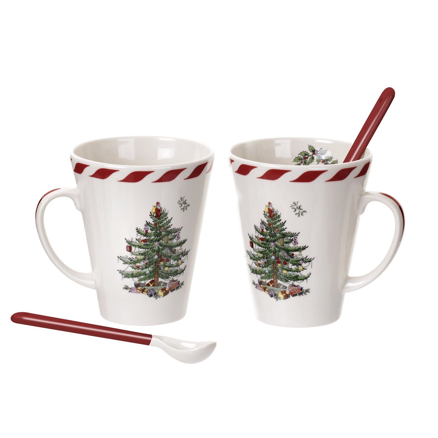 Spode Christmas Tree Peppermint Mugs with Spoons, Set of 2