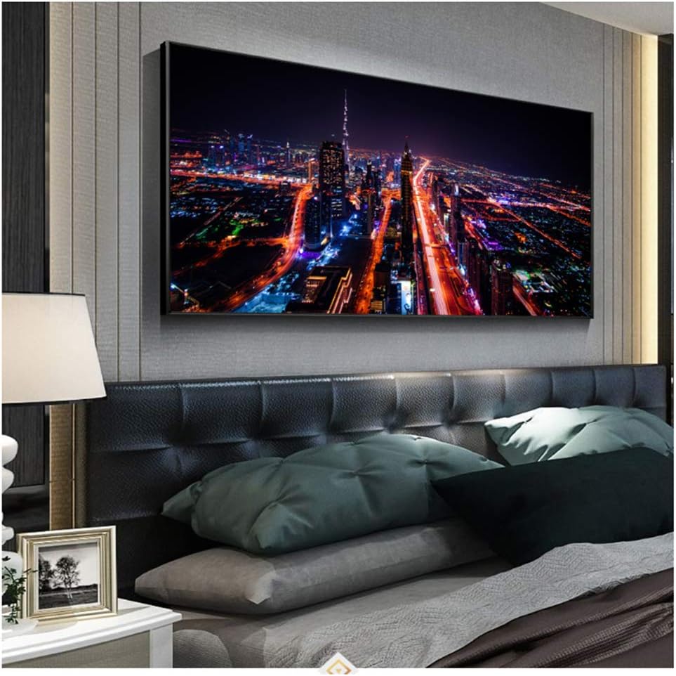 Wall Art Canvas Painting Printed Picture City Night View of Dubai Modular Poster for Bedside Background60X120cm No Framed