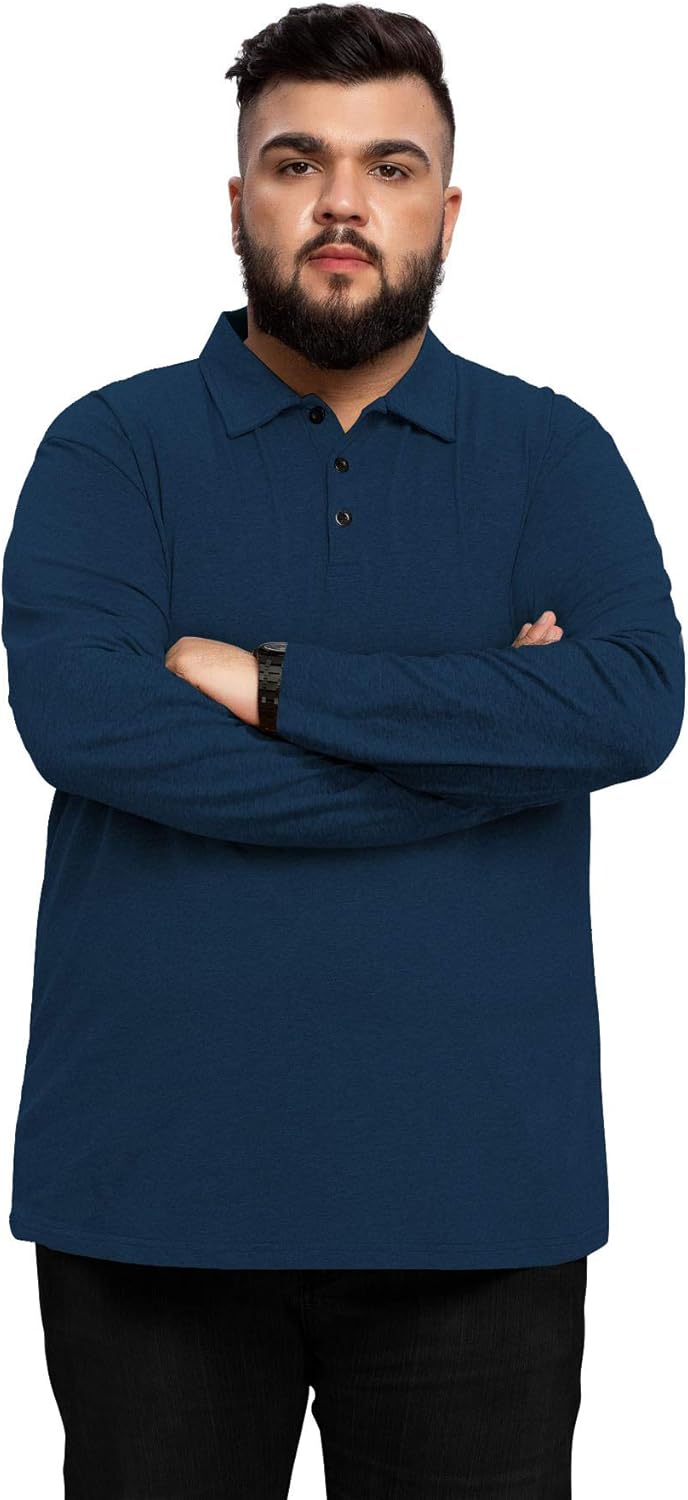 Aiyino Men's Big and Tall Classic Fit Long Sleeve Solid Soft Cotton Polo Shirt: Clothing