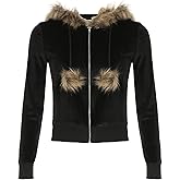 CORIRESHA Women Faux Fur Trim Velvet Hoodie Zip Up Long Sleeve Y2k Cropped Sweatshirt