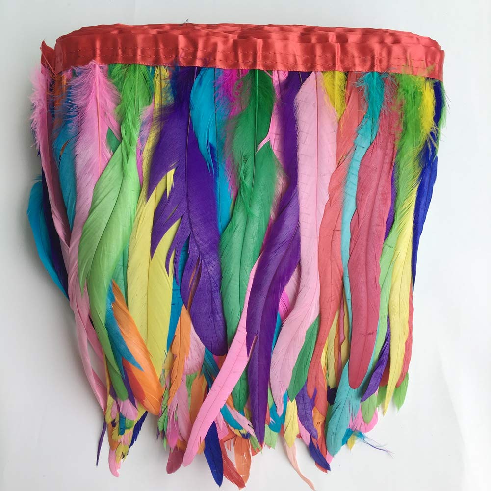 Sowder Rooster Hackle Feather Fringe Trim 10-12inch in Width Pack of 1 Yard (Colorful)