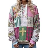 TIAFORD Womens Vintage Faith Cross Floral Graphic Patchwork Hoodie Casual Long Sleeve Pullover Top Cozy Print Front Pocket
