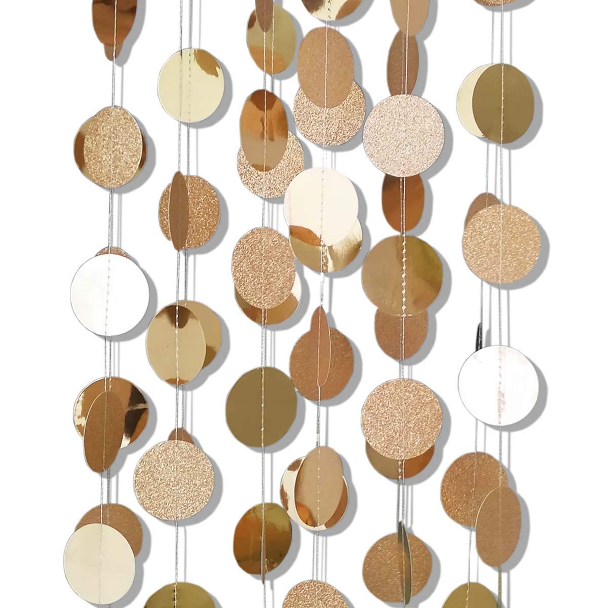 6 Pcs Glitter Champagne Gold Paper Circle Dots Garland (52 Feet) Party Hanging Bunting Birthday Party Decorations Engagement Party Bridal Shower Wedding Baby Shower Christmas Supplies Photo Backdrop