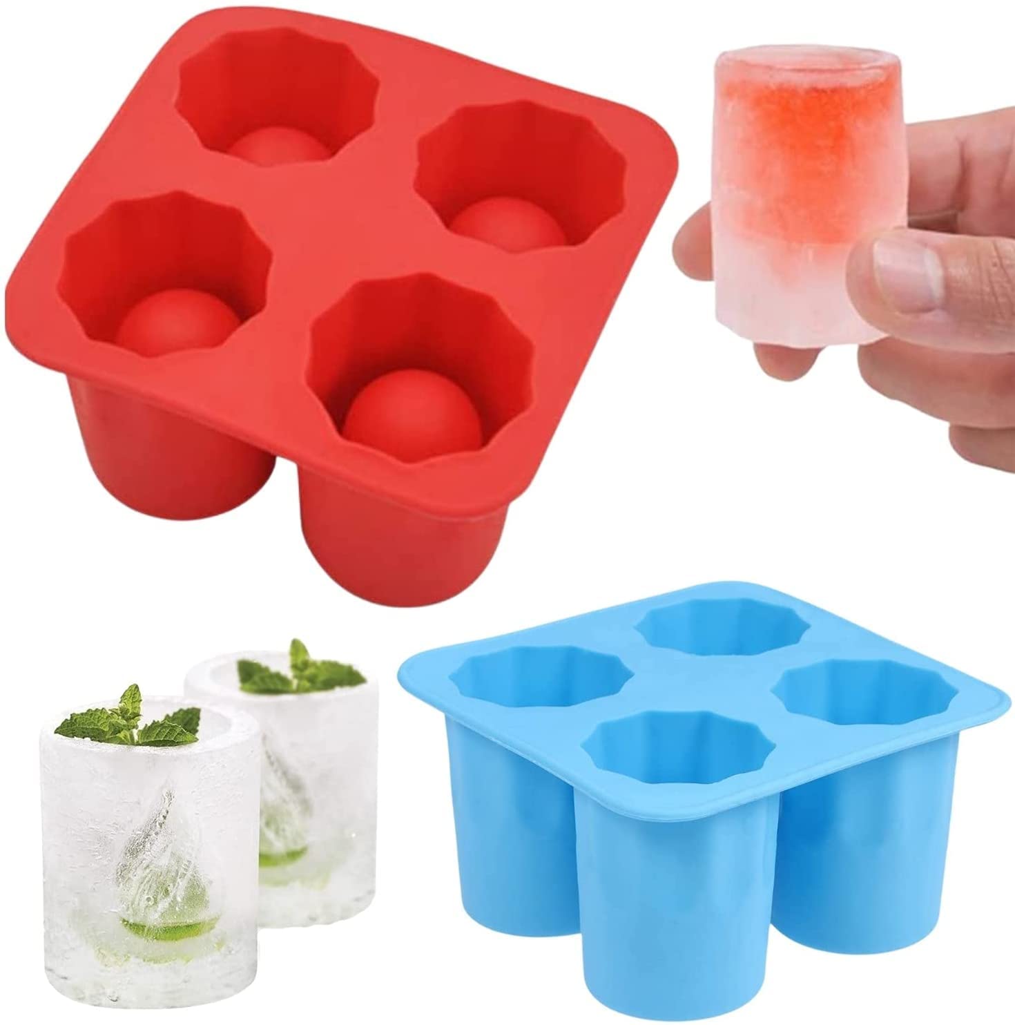 Keepaty 2pcs Ice Cube Trays Silicone 4 Giant Ice Cube Maker Cup Shape Ice Cube Mold Summer Bar Party Beer Ice Drink Whishy Tool Accessories （Red+Blue)