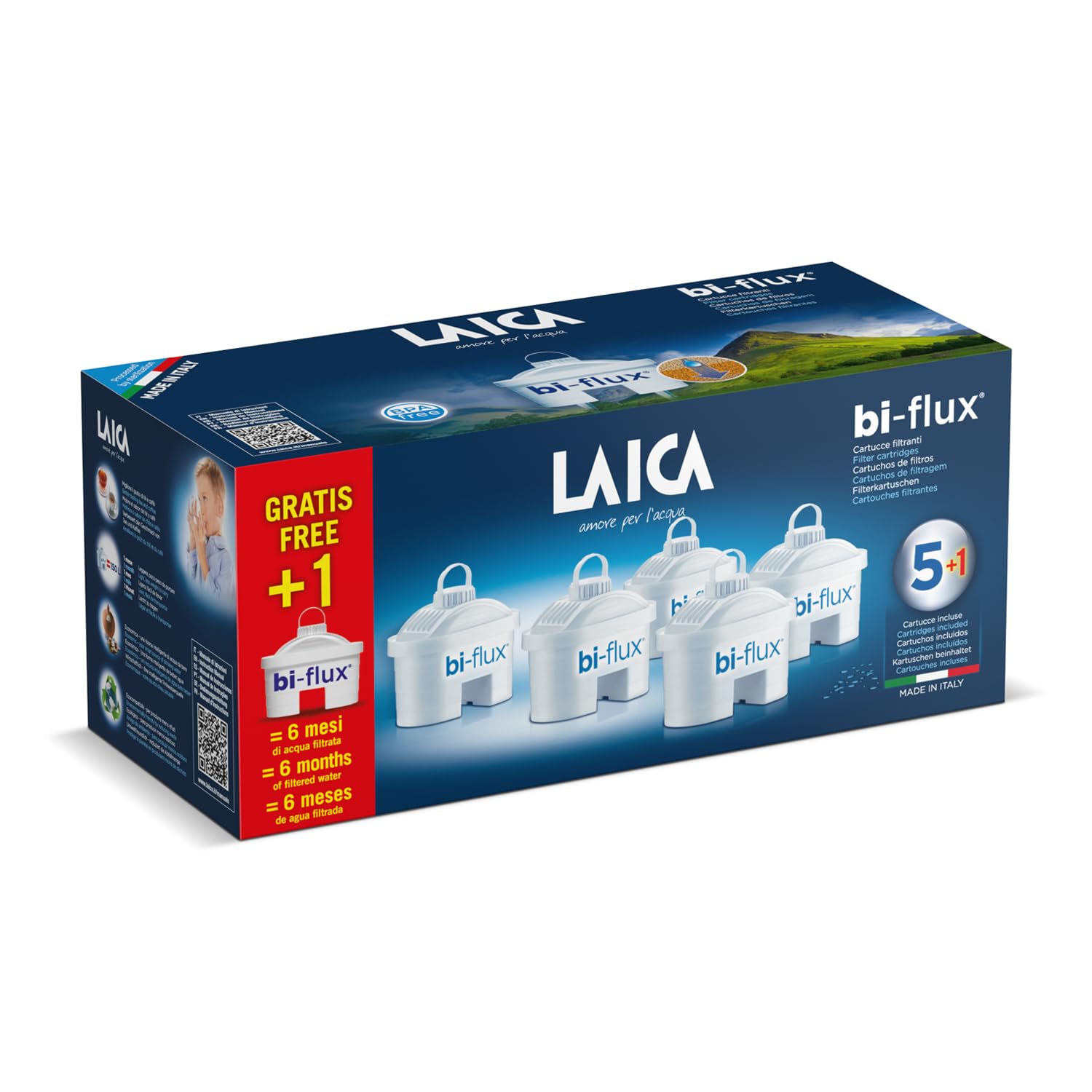 LAICA Bi-Flux Water Filter Cartridges 6 Pack (6 Months Supply), Preserves Mineral Salts While Reducing Chlorine & Heavy Metals & Reduces Hardness in Tap Water -