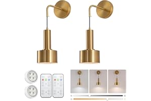 KELUOLY Battery Operated Wall Lights Set of Two, Wireless Battery Powered Wall Sconce, Modern Metal Indoor Wall Lamp, Dimmable with Remote, Suitable for Living Room Bedroom Golden-Like Brass Finish