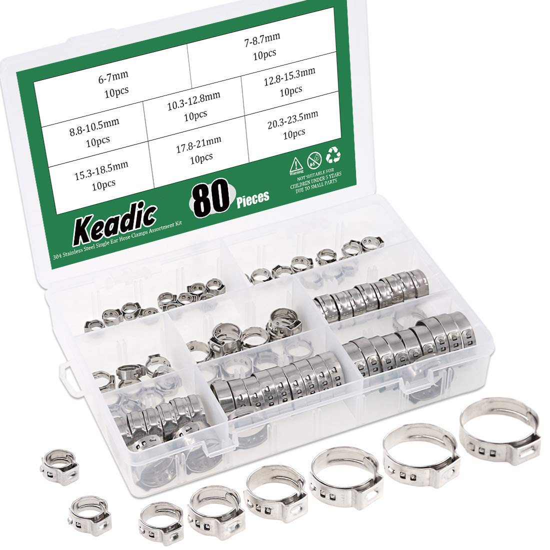 Keadic 80Pcs 1/4"-15/16" 304 Stainless Steel Single Ear Hose Clamps Clips Pex Pinch Clamp Assortment Kit for Various Hoses Plastic Tubes Use