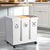 20L x 3 Compartment Trash Can with Wheels, 16 Gallon Recycling Bin and Rolling Garbage Can for Kitchen, Mobile Waste Separation System with Press-Open Lids &amp; Detachable Containers for Home &amp; Office