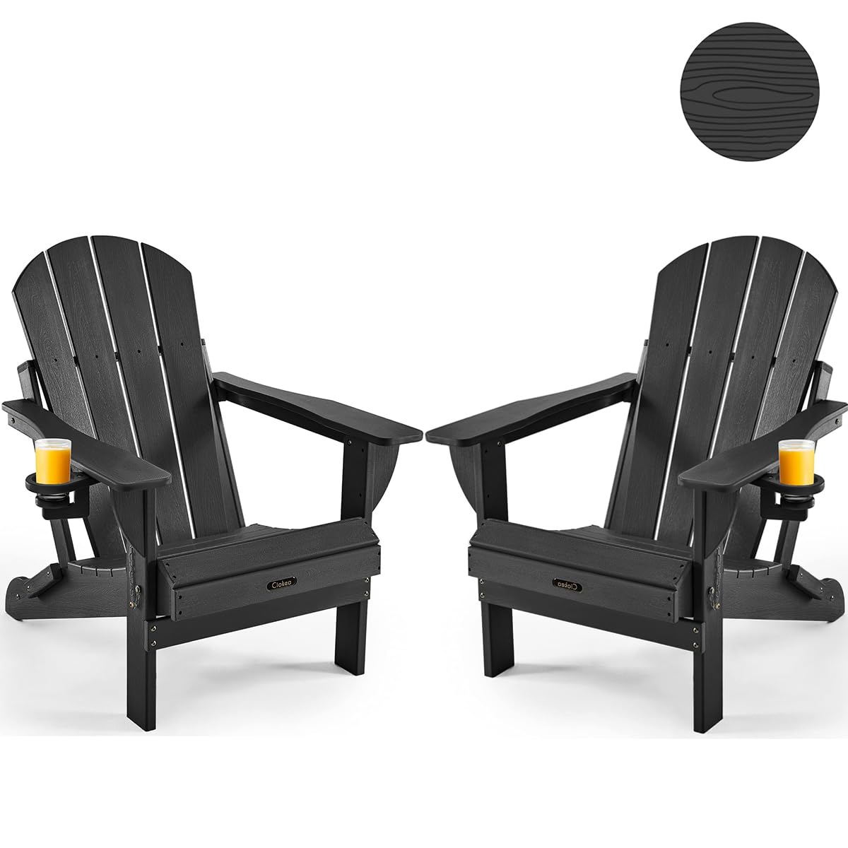 Ciokea Folding Adirondack Chair Wood Texture 2 Pack, Patio Adirondack Chair Weather Resistant, Plastic Fire Pit Chair with Cup Holder, Lawn Chair for Outdoor Porch Garden Backyard Deck (Black) Image