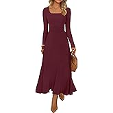 MEROKEETY Women's Sweater Dress 2025 Fall Winter Casual Long Sleeve Square Neck Pleated Church Work Knit Midi Dresses