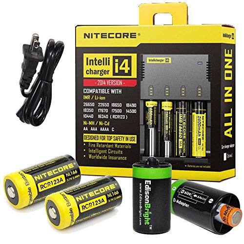 Nitecore Sysmax I4 Intellicharge i4 Four Bays universal battery smart charger, Two Nitecore RCR123 NL166 650mAH rechargeable batteries with 2 X EdisonBright AA to D type battery spacer/converters Nitecore Sysmax I4 Intellicharge i4 Four Bays universal battery smart charger, Two Nitecore RCR123 NL166 650mAH rechargeable batteries with 2 X EdisonBright AA to D type battery spacer/converters