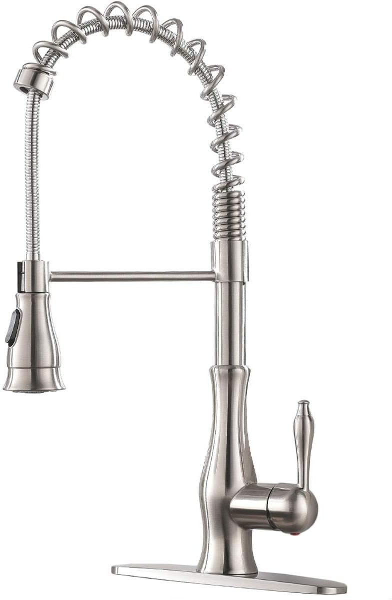 Modern Stainless Steel Single Handle Lead Free Pull Down Sprayer Spring Brushed Nickel Kitchen Faucet, Kitchen Sink Faucet with Deck Plate ¡­