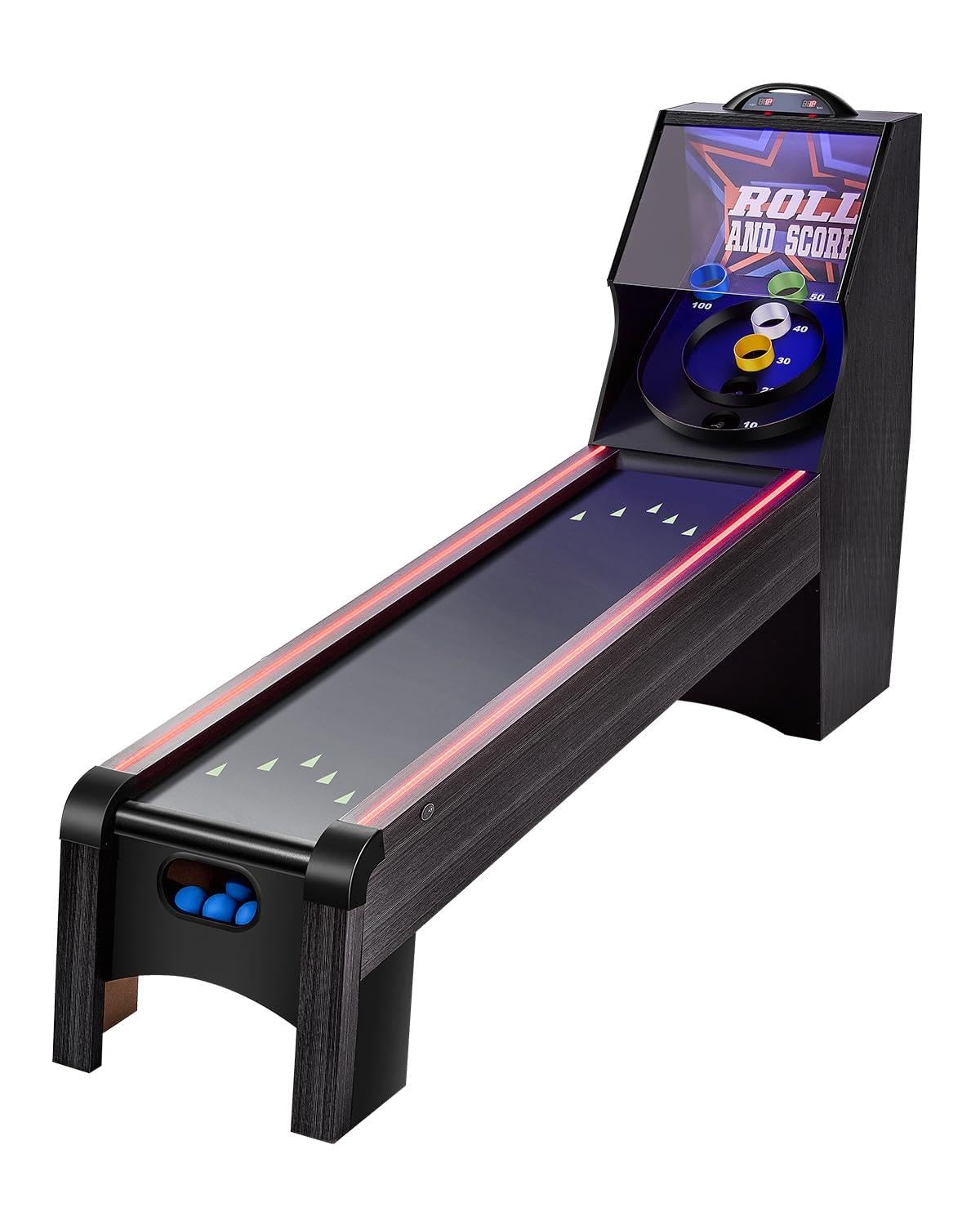 Photo 1 of VEVOR 9' Roll and Score Classic Arcade Game Table, Sky Ball Arcade, with LED Electronic Scorer & Track Lighting, Sound, Automatic Ball Return, Home Recreation Game Room, 4 Balls Included