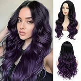 Daiaces Long Curly Purple Wig for Women Ombre Purple Long Wavy Wig Middle Part Mixed Black and Purple for Daily Party Cosplay