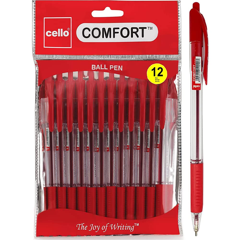 Cello Ballpoint Red Pen, Pack of 12 Ballpoint Pens, Smooth Writing Action - Medium Point Nib (1.0mm) Red multipack, Ball point pens; Ideal for School, Work, Home stationary supplies