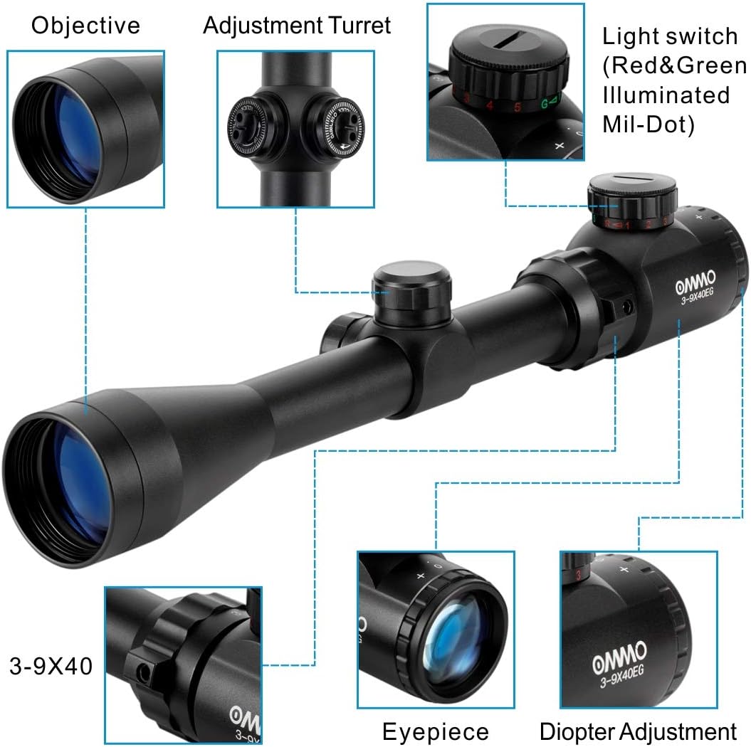 OMMO 3-9X40 Rifle Scope, Red Green Illuminated Optical Mil-Dot Riflescope for Hunting, with Flip-Open Covers : Sports & Outdoors