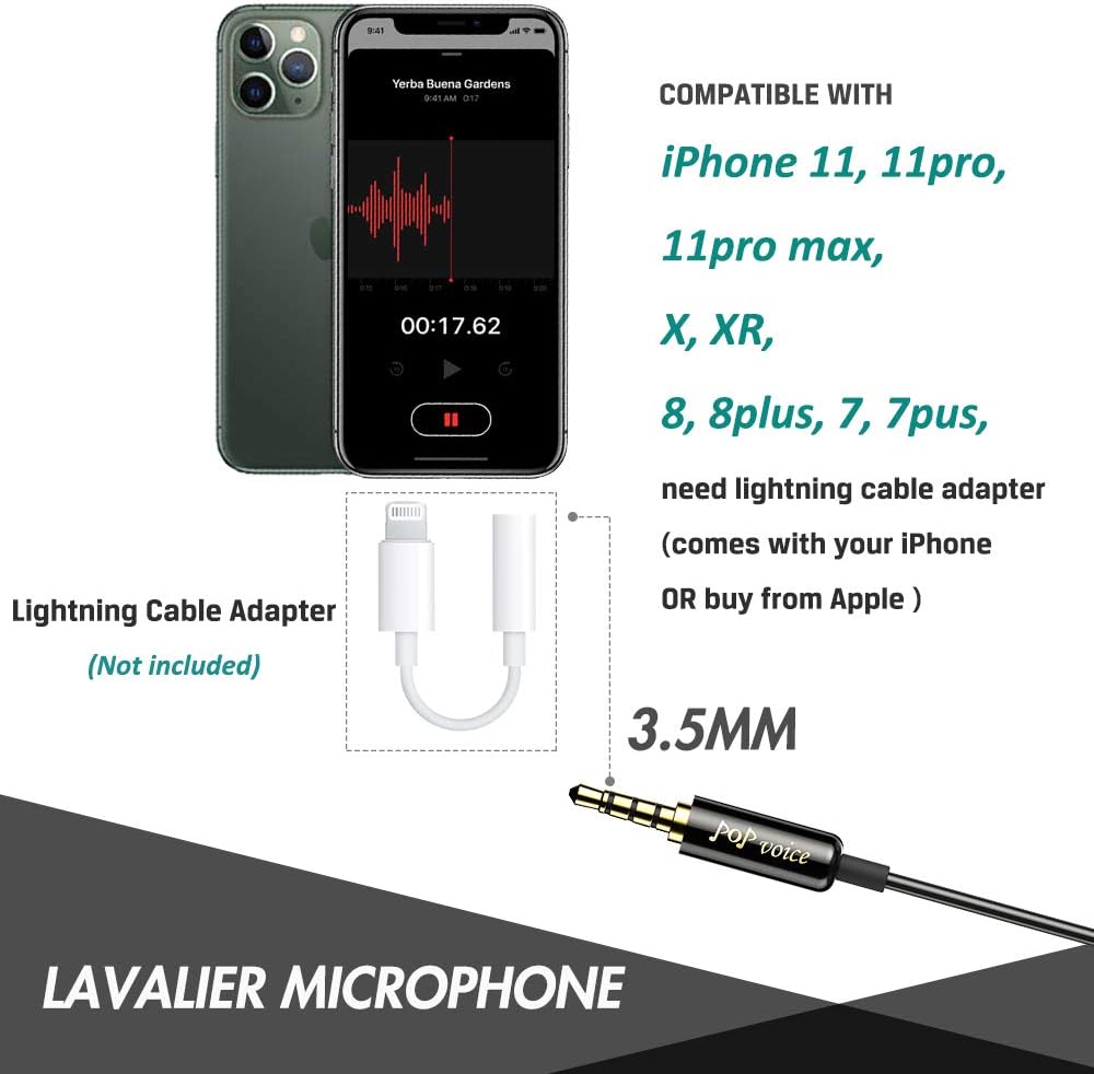 PoP voice Professional Lavalier Lapel Microphone Omnidirectional Condenser Mic for iPhone Android Smartphone,Recording Mic for Youtube,Interview,Video: Musical Instruments
