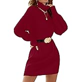 SunnyMelody Womens Turtleneck Sweater Dress Fall Winter 2025 Trendy Long Lantern Sleeve Casual Knit Pullover Mini Dresses