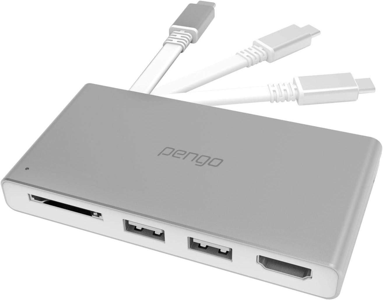 Pengo Hub USB-C Multiport Adapter, 4-in-1, 2 Ports USB 3.2, SD Card Reader, HDMI 4K@30hz, USB Type-C Hub Adapter for MacBook Pro 2018, MacBook Air 2018, MacBook 2015+, Chromebook (Silver-Aluminum)