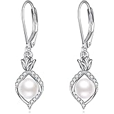 POPLYKE Rose Pearl Earrings 925 Sterling Silver Pearl Drop Dangle Leverback Earrings For Women Wedding Bridesmaids Anniversary