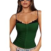 Women’s Lace Trim Tank Top Stretchy Camisole with Button Front Slim Fit Sleeveless Cami for Casual or Party Wear