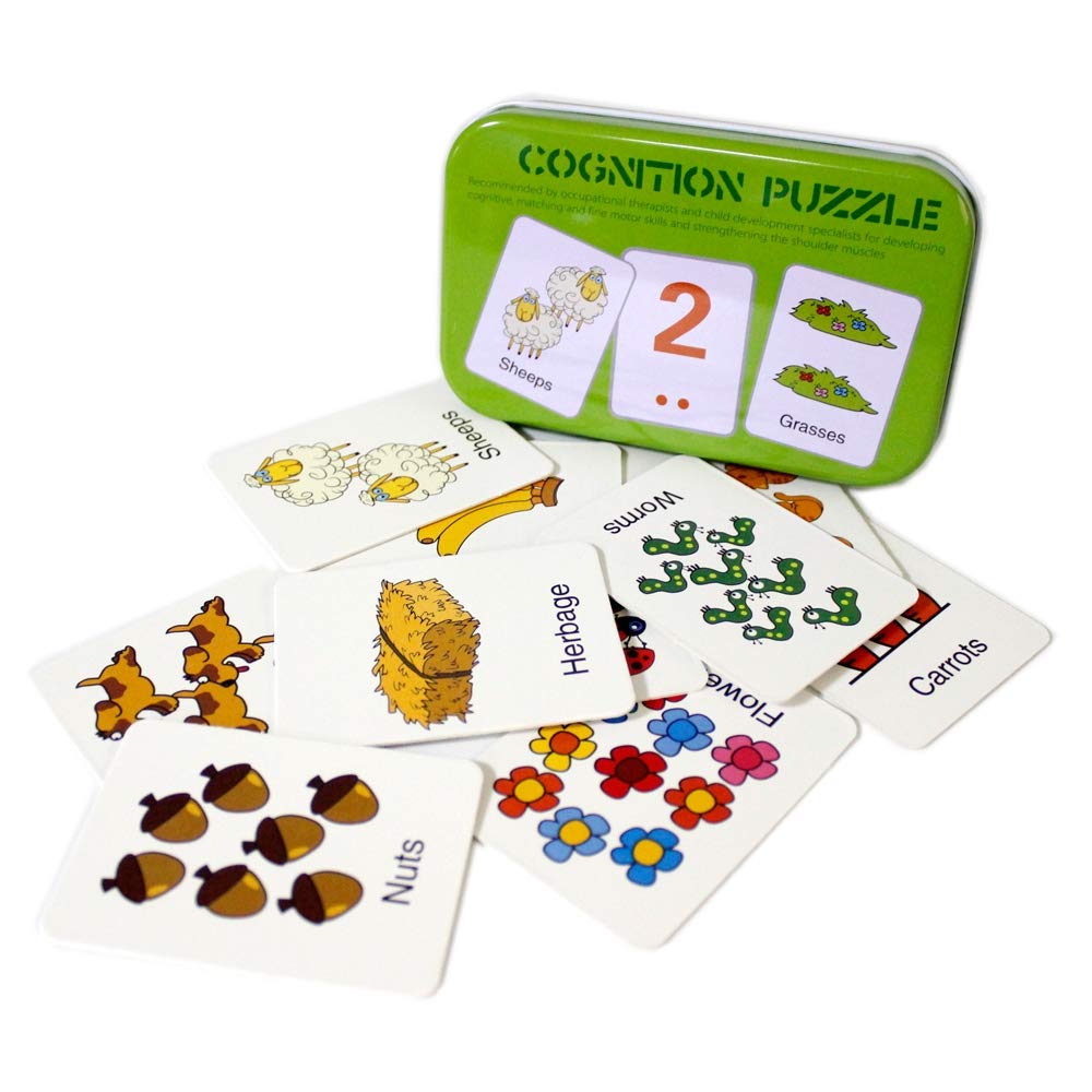 Gobus 30pcs Flash Cards Cognition Puzzle Cards Words Shape Match Puzzle Early Education Card Learning Toys in a Box (Numbers and Animals)