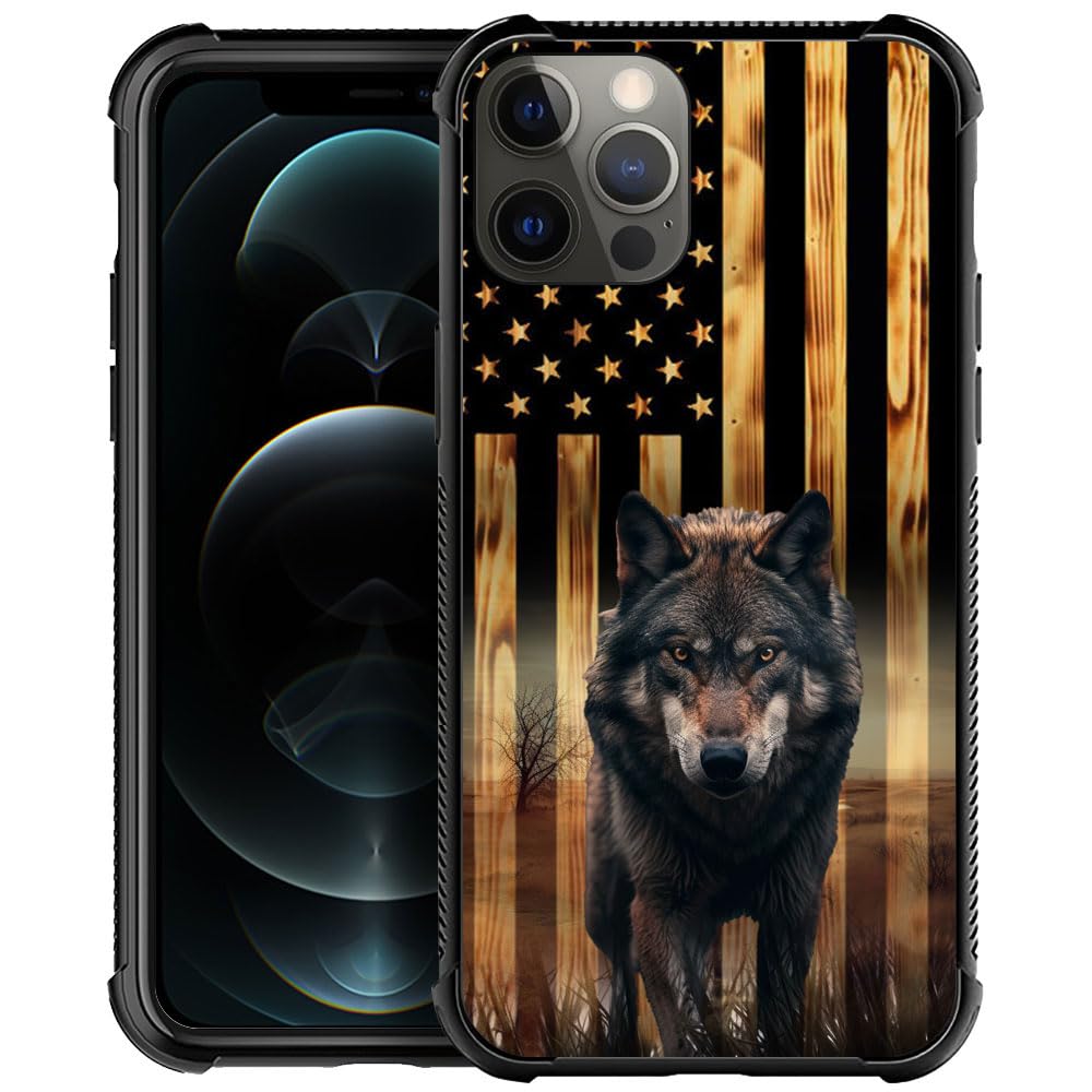 DAIZAG Compatible with iPhone 12/12 Pro Case,All-Round Protection Shockproof Anti-Scratches TPU Cover,Cases for Man Woman-Wolf American Wood Grain Flag