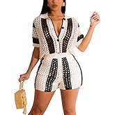 cu4eve Crochet Sets Two Piece Women Summer Causal Knit Short Sleeve Button Down Shirt and Shorts Matching Set Jumpsuit