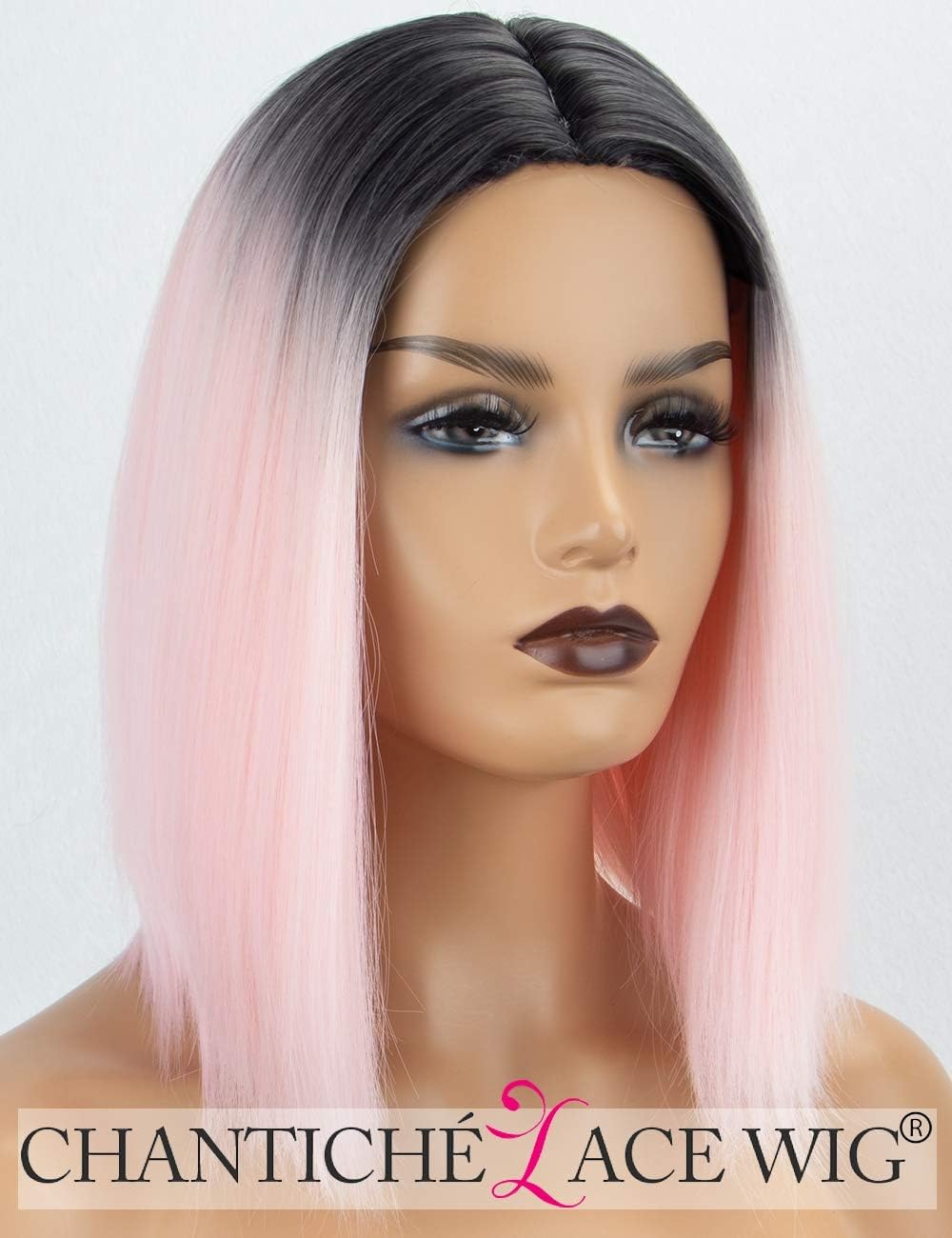 Chantiche Baby Pink Ombre Wig for Women - Dark Brown Roots Natural Straight Synthetic Wig 2 Tone Full Machine Made Wigs Medium Length Heat Resistant