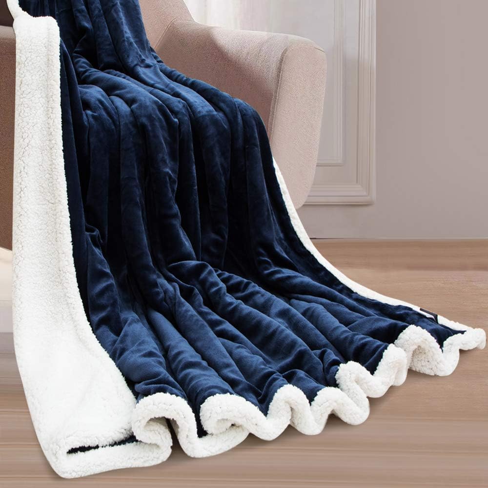 BEAUTEX Sherpa Fleece Throw Plush Blanket Throw Size, Fuzzy Fluffy Super Soft Cozy Comfy Lightweight Premium Plush Throw Blanket for Couch, Sofa, Bed, Car for All Seasons (Navyblue, 50" X 60")