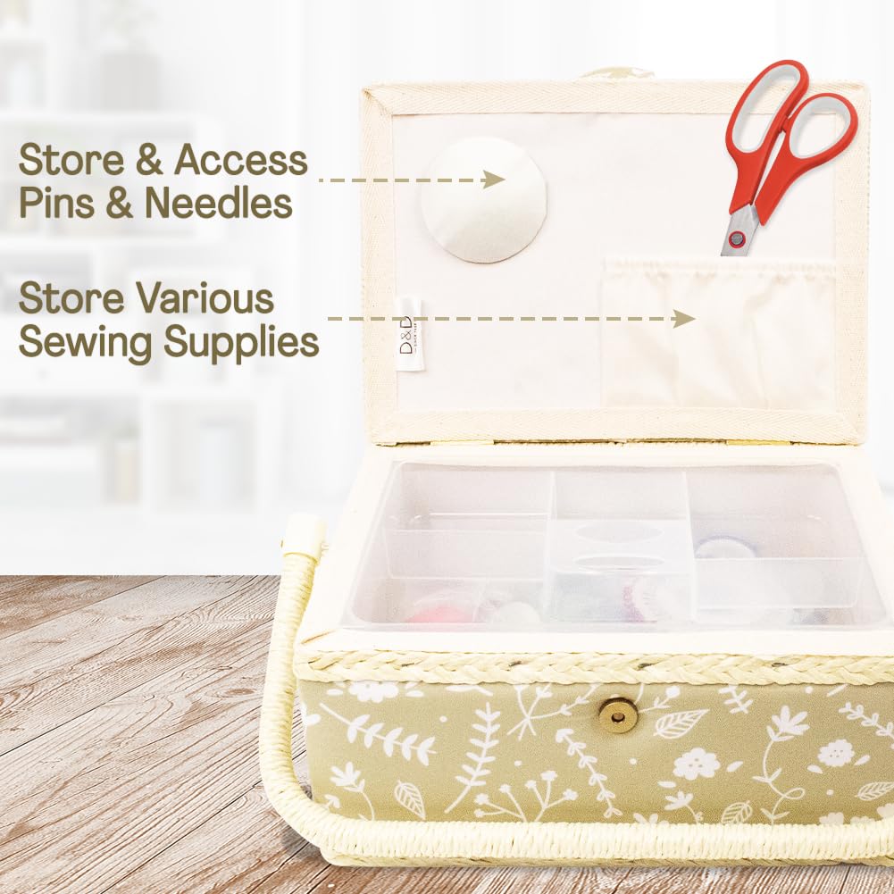 Medium Sewing Basket Sewing Storage and Organizer with Complete Sewing Kit Accessories Included - Wooden Sewing Box Kit with Removable Tray and Tomato Pincushion for Sewing Mending - Beige