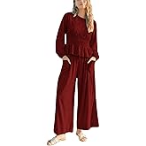 Antnation Womens 2-Piece Boho Long Sleeve Smocked Top & Wide Leg Pants Set Casual Lounge Outfit with Pockets