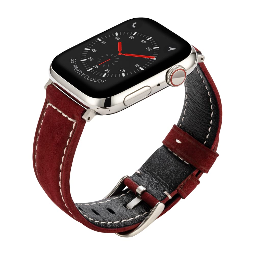 Buckle & Band Mila Suede Leather Compatible Apple Watch Strap Red Genuine Leather Suede Band with Silver Buckle for Series 1, 2, 3, 4, 5, 6, 7 42mm, 44mm, 45mm, 49mm Ultra