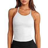 LASLULU Womens Sports Bra Seamless Long Crop Tank Racer Back Spaghetti Strap Workout Yoga Bra Padded Halter Neck Casual Tops