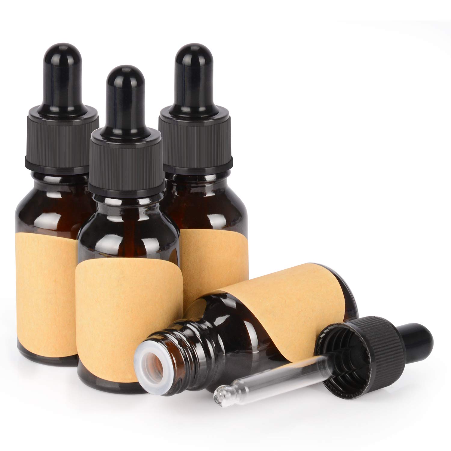 stonylab 4-Pack Glass Dropper Bottle, Empty Bottle with Glass Dropper, Inner Plug and Label for Laboratory Solutions (15 ml, Brown)