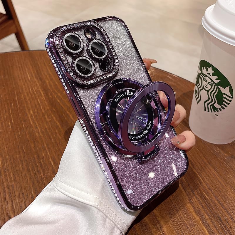 OUROL Magnetic Kickstand (Glitter Lens Protector ) Case for iPhone 16 15 14 13 Pro Max (Compatible with Magsafe ) Sparkling Diamond Cover Glitter Shiny Rhinestone Cases (Purple,for iPhone 16 Plus)