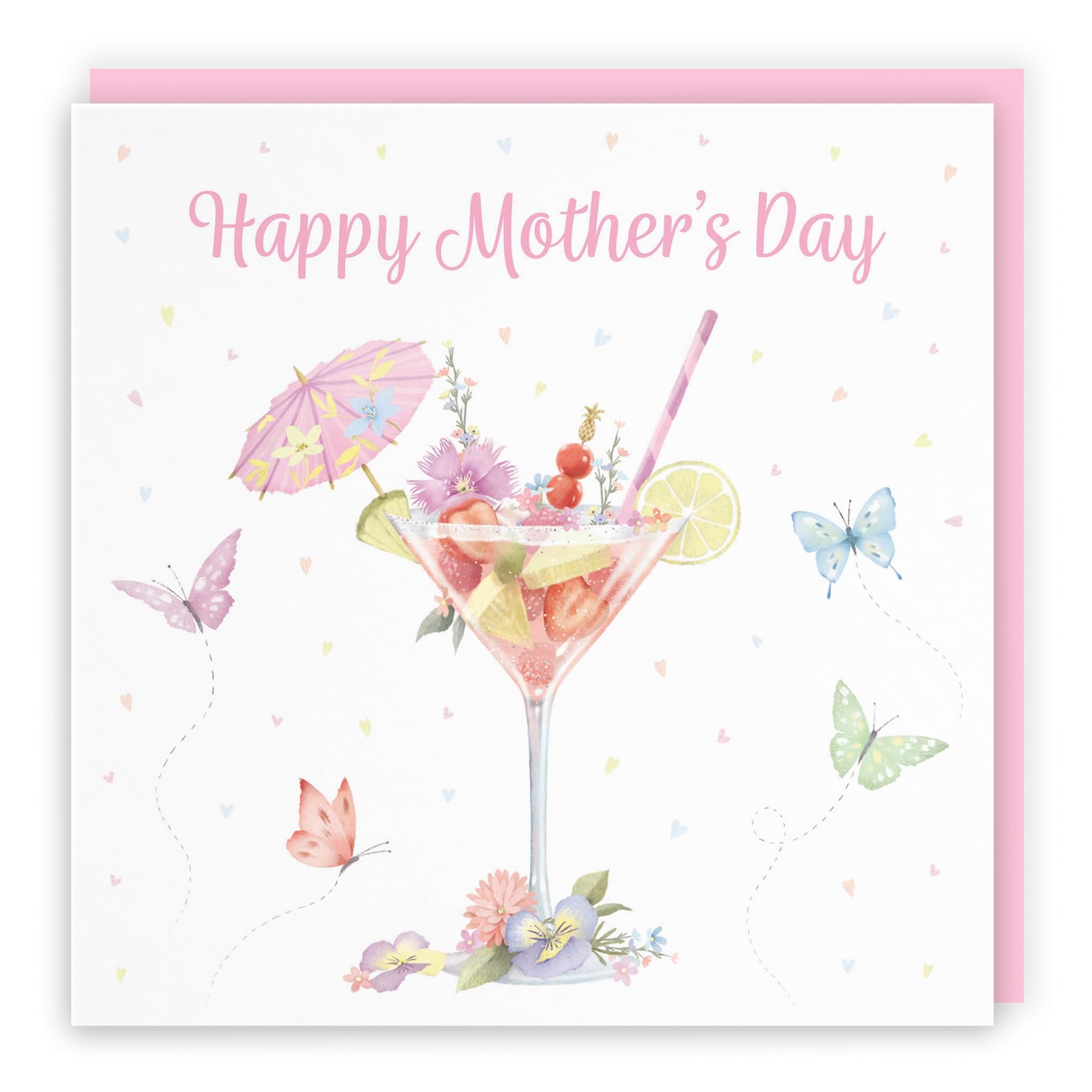 Hunts England - Pink Cocktail And Butterflies Elegant Mother's Day Card - Milo's Gallery - Drinks, Flowers, Hearts Mother's Day Card - Happy Mother's Day Card For Women, Mum, Grandma