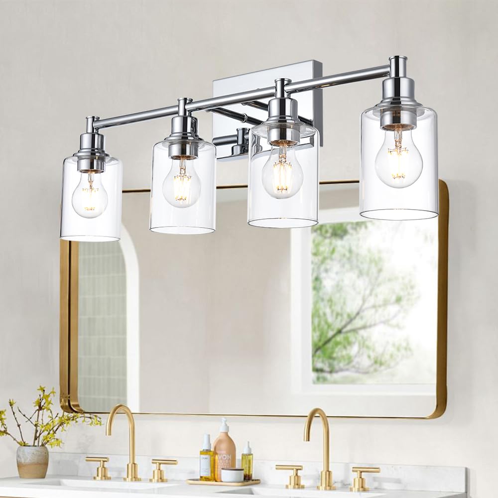 Photo 1 of Lucidce 4 Lights Bathroom Vanity Lights Modern Chrome Wall Lighting Sconces with Clear Glass Shades Industrial Vanity Light Fixtures for Kitchen