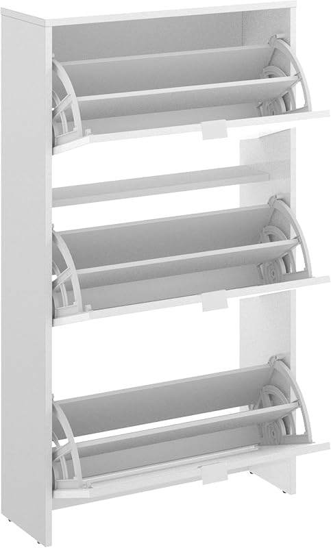 Sapateiro de 3 Portas, 18 pares, Melamina branca brilhante, 61x113x25cm