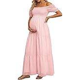 Off The Shoulder Maternity Dress for Baby Shower - Women's Boho Swiss Dot Smocked Puff Sleeve Maxi Dress