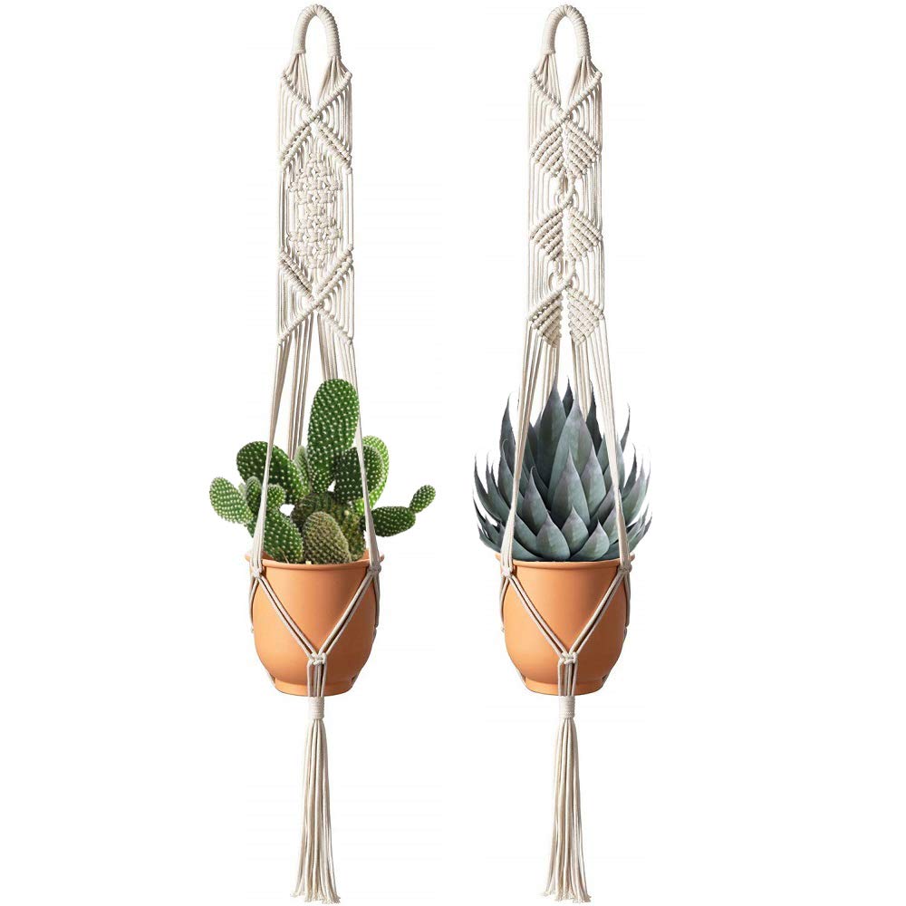 Fixinus 2 Pack Macrame Plant Hanger with Fringed Ends, 41" Cotton Woven Hanging Plant Holder Wall Hanging Planter Basket for Home Flower Indoor Outdoor Decoration