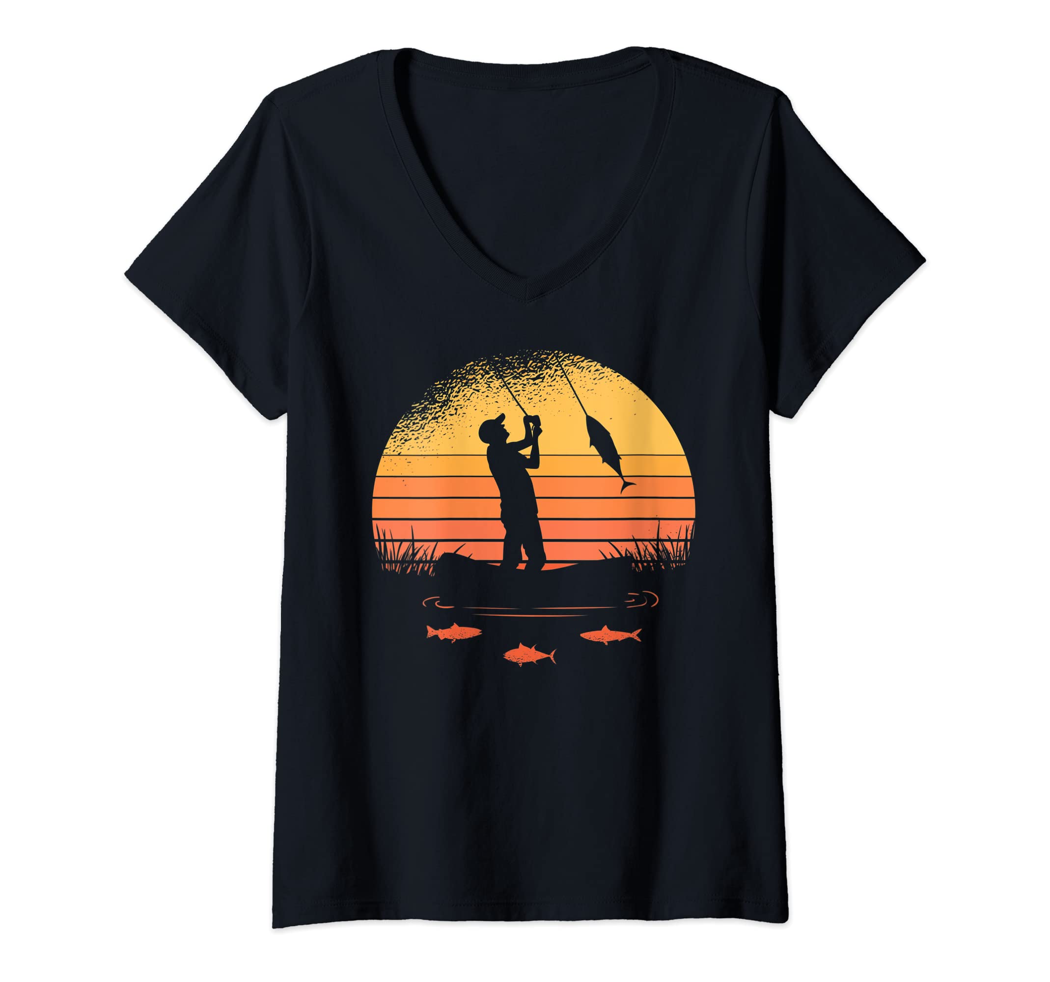 Womens Fishing Silhouette Retro Vintage Sunset Fish Pole Fisher V-Neck T-Shirt