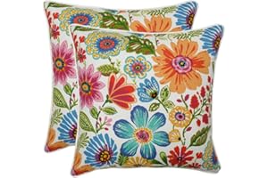Pillow Perfect Bright Floral Indoor/Outdoor Accent Throw Pillow, Plush Fill, Weather, and Fade Resistant, Large Throw - 18.5" x 18.5", Blue/Purple Gregoire, 2 Count