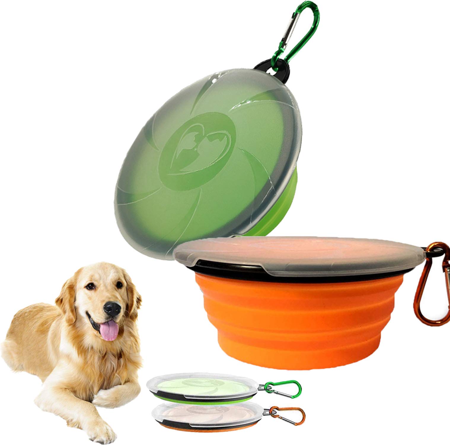 YFSEOS 2 Collapsible Dog Bowls, Silicone Feeding Watering Bowls with Lid & Carabiner for Dogs Cats, Portable Collapsible Water Feeder Food Bowl for Walking Traveling Home Use (1000ML)